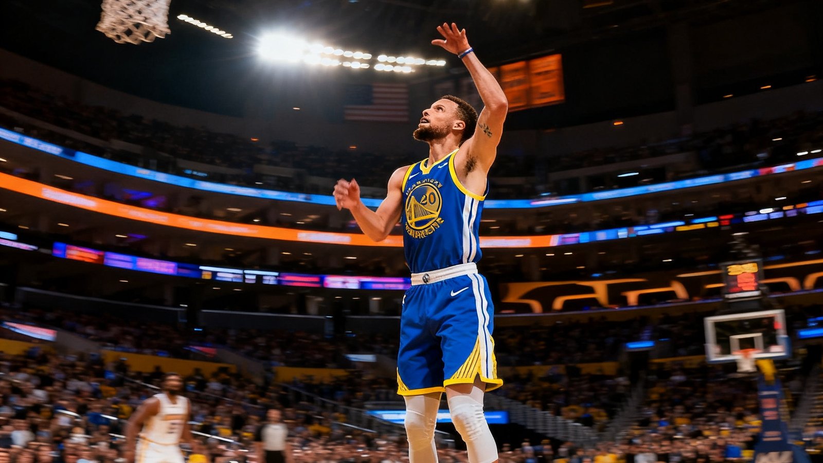 NBA勇士vs湖人集锦封面，库里超远三分出手，斯台普斯中心